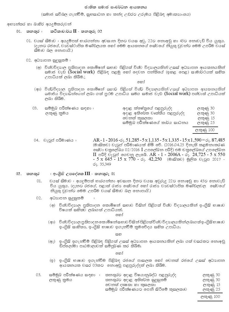 Lecturer, English Instructor, Programme Assistant (Centre in Charge), Translator (Sinhala/English), Audio Visual Technician - National Institute of Social Development